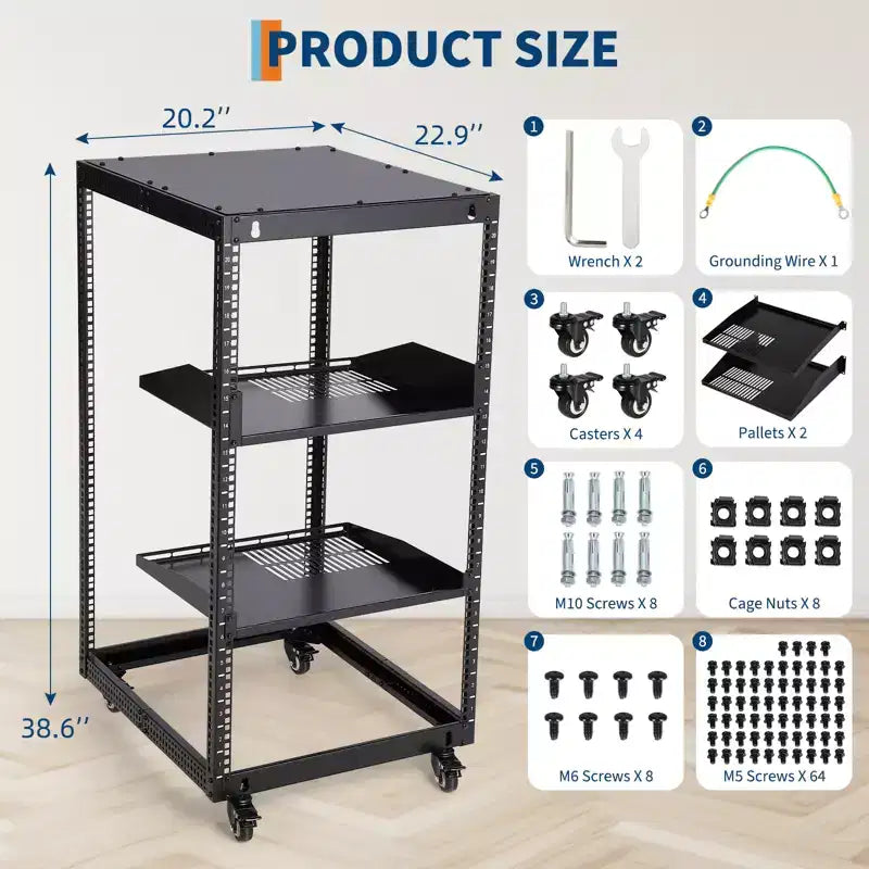 Heavy Duty Carbon Steel Open Frame Network Rack 20U  Adjustable Height 22-40in, 2 Trays, 4 Lockable Casters  Floor/Wall Mount for IT, AV Equipment