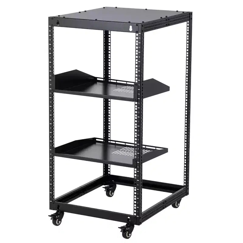 Heavy Duty Carbon Steel Open Frame Network Rack 20U  Adjustable Height 22-40in, 2 Trays, 4 Lockable Casters  Floor/Wall Mount for IT, AV Equipment
