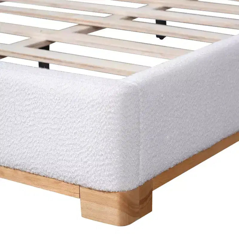 Queen/King Size Platform Bed Frame, Modern Mid-Century Upholstered Bed with Curved Headboard &amp; Rubberwood Base, White