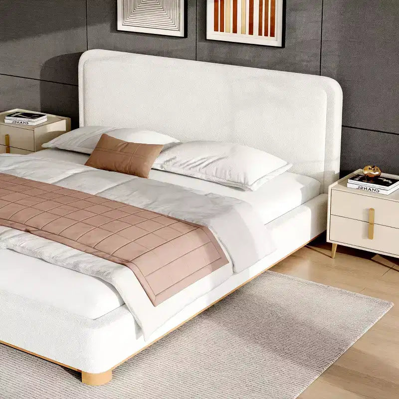 Queen/King Size Platform Bed Frame, Modern Mid-Century Upholstered Bed with Curved Headboard &amp; Rubberwood Base, White