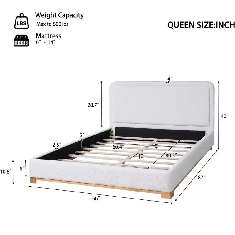 Queen/King Size Platform Bed Frame, Modern Mid-Century Upholstered Bed with Curved Headboard &amp; Rubberwood Base, White