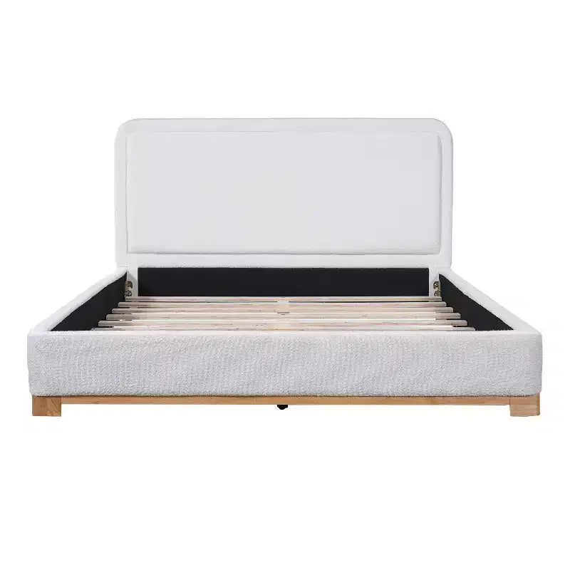 Queen/King Size Platform Bed Frame, Modern Mid-Century Upholstered Bed with Curved Headboard &amp; Rubberwood Base, White