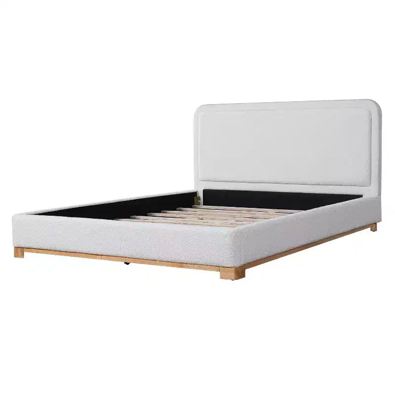 Queen/King Size Platform Bed Frame, Modern Mid-Century Upholstered Bed with Curved Headboard &amp; Rubberwood Base, White