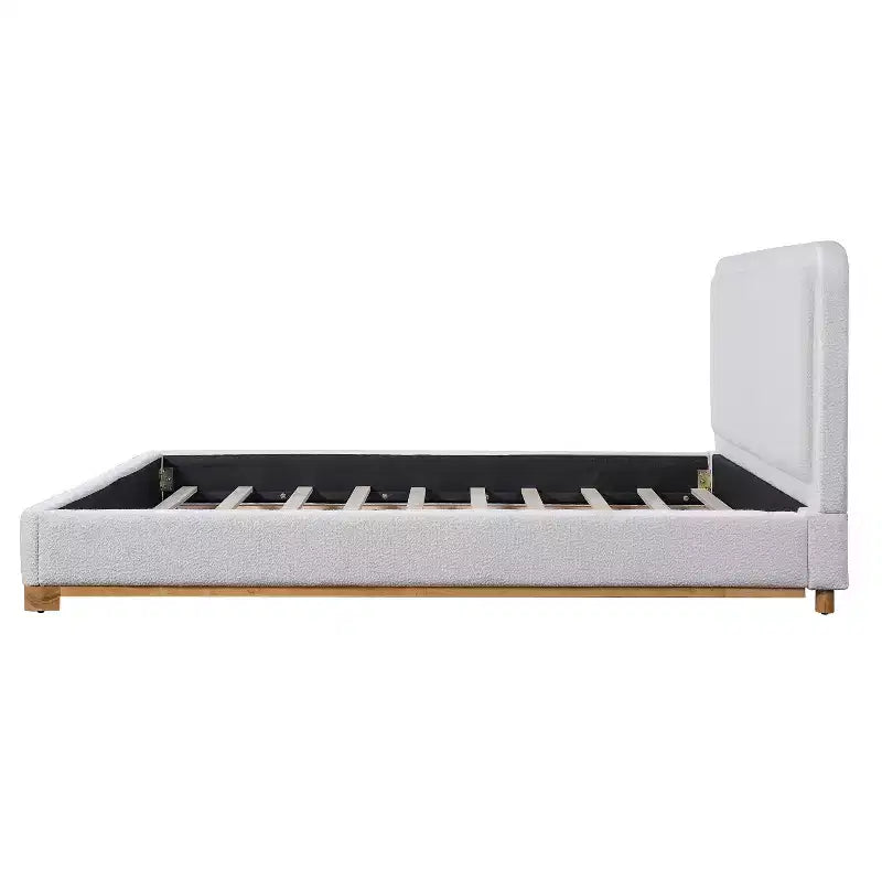 Queen/King Size Platform Bed Frame, Modern Mid-Century Upholstered Bed with Curved Headboard &amp; Rubberwood Base, White