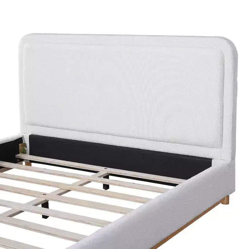 Queen/King Size Platform Bed Frame, Modern Mid-Century Upholstered Bed with Curved Headboard &amp; Rubberwood Base, White