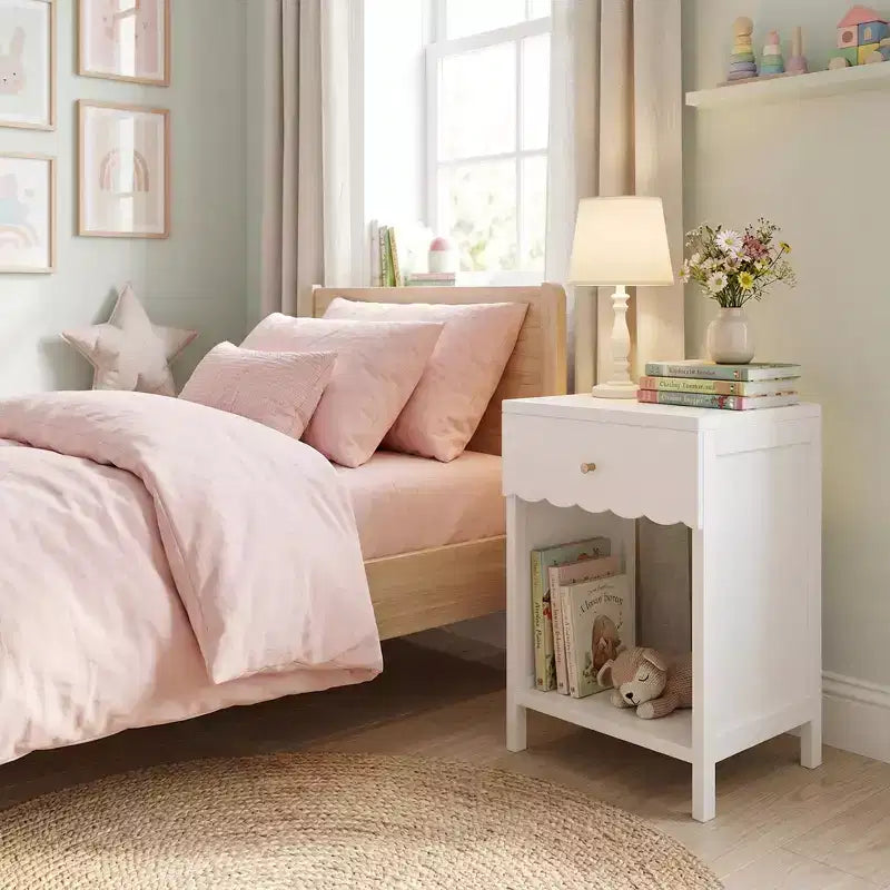 Comodino con bordo smerlato, cassetto e ripiano a giorno, tavolino moderno da letto con pomello dorato, per camera da letto, soggiorno e ingresso