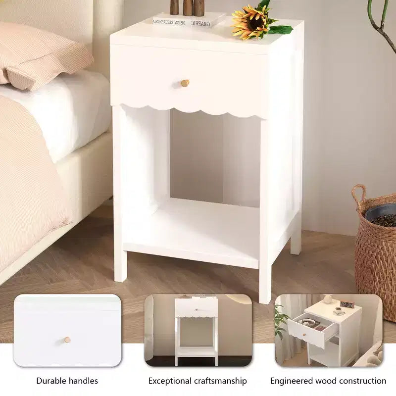 Comodino con bordo smerlato, cassetto e ripiano a giorno, tavolino moderno da letto con pomello dorato, per camera da letto, soggiorno e ingresso