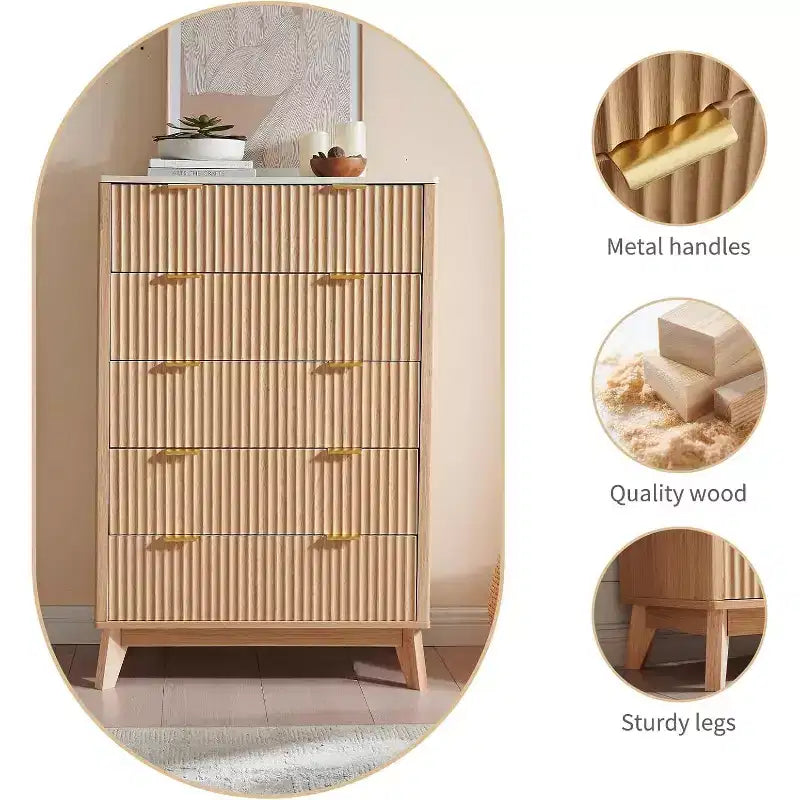 Fluted 5 Drawers Dresser for Bedroom, Modern Chest of Drawers with Metal Handle, Wood Drawer Organizer for Bedroom, Living Room, Hallway