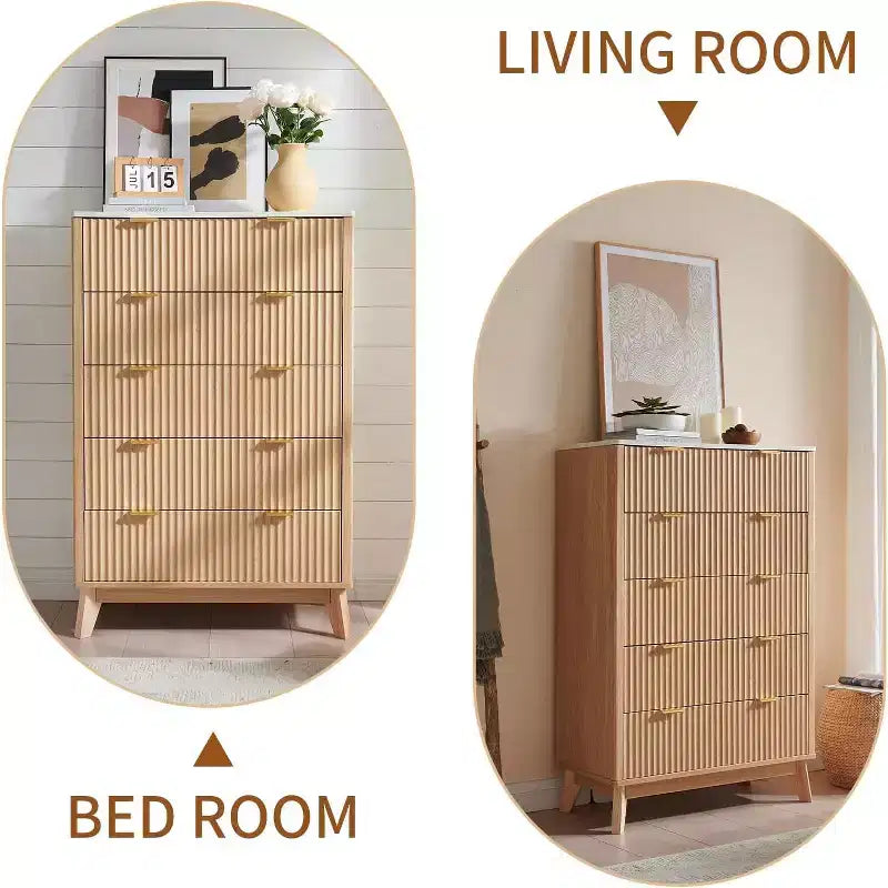 Fluted 5 Drawers Dresser for Bedroom, Modern Chest of Drawers with Metal Handle, Wood Drawer Organizer for Bedroom, Living Room, Hallway