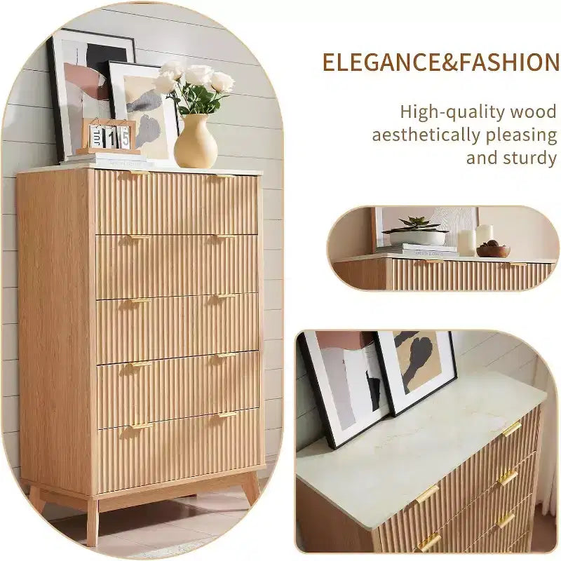 Fluted 5 Drawers Dresser for Bedroom, Modern Chest of Drawers with Metal Handle, Wood Drawer Organizer for Bedroom, Living Room, Hallway