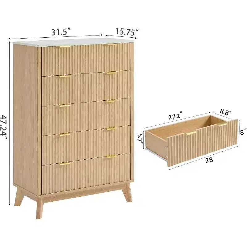 Fluted 5 Drawers Dresser for Bedroom, Modern Chest of Drawers with Metal Handle, Wood Drawer Organizer for Bedroom, Living Room, Hallway