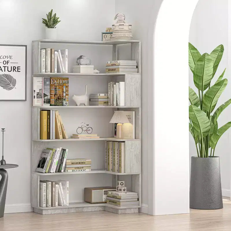 Freestanding Corner 5-Tier L-Shaped Bookshelf