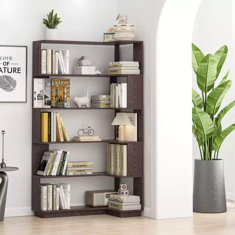 Freestanding Corner 5-Tier L-Shaped Bookshelf