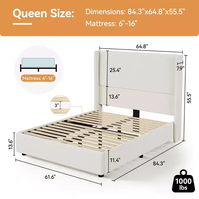 Queen Bed Frame, Upholstered Platform Bed with 55.5 Tall Wingback Headboard, Solid Wooden Slats, Noise-Free Mattress Foundation