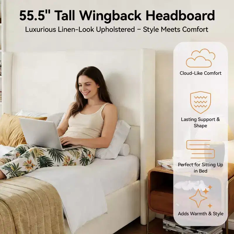 Queen Bed Frame, Upholstered Platform Bed with 55.5 Tall Wingback Headboard, Solid Wooden Slats, Noise-Free Mattress Foundation