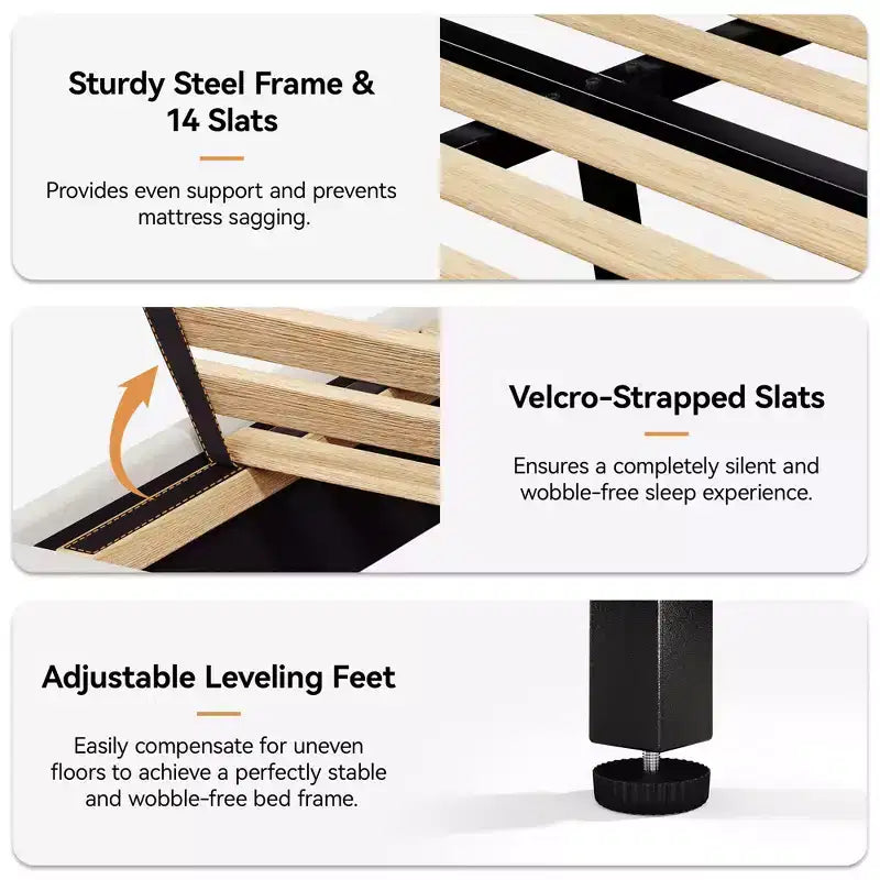 Queen Bed Frame, Upholstered Platform Bed with 55.5 Tall Wingback Headboard, Solid Wooden Slats, Noise-Free Mattress Foundation