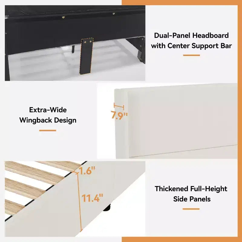 Queen Bed Frame, Upholstered Platform Bed with 55.5 Tall Wingback Headboard, Solid Wooden Slats, Noise-Free Mattress Foundation