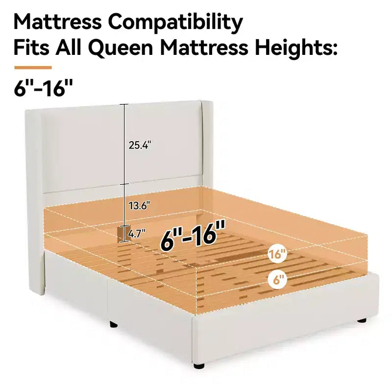 Queen Bed Frame, Upholstered Platform Bed with 55.5 Tall Wingback Headboard, Solid Wooden Slats, Noise-Free Mattress Foundation