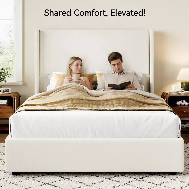 Queen Bed Frame, Upholstered Platform Bed with 55.5 Tall Wingback Headboard, Solid Wooden Slats, Noise-Free Mattress Foundation