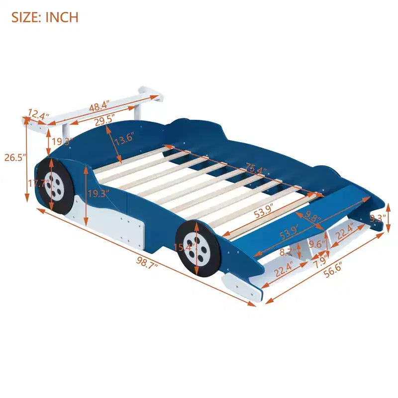 Letto a piattaforma a grandezza naturale a forma di auto da corsa con ruote per la cameretta dei bambini