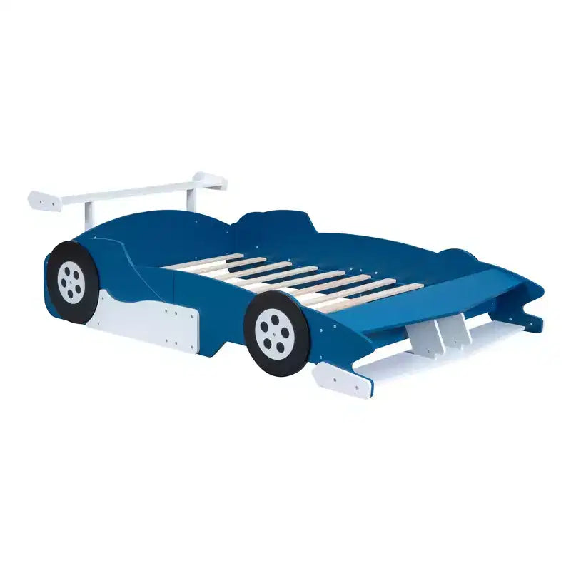 Letto a piattaforma a grandezza naturale a forma di auto da corsa con ruote per la cameretta dei bambini