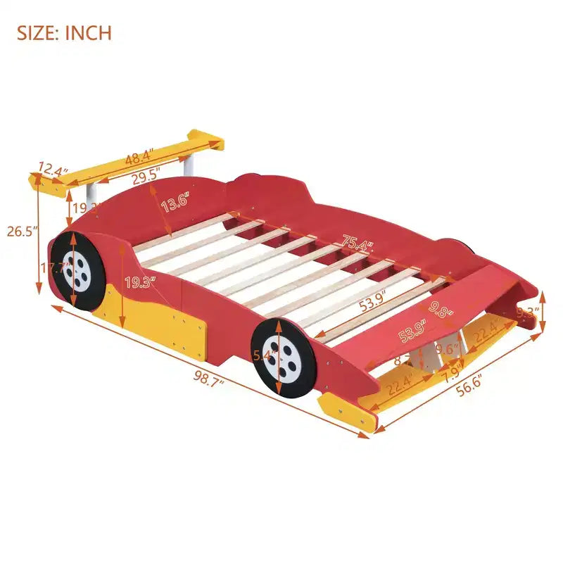 Full Size Race Car Shaped Platform Bed with Wheels for Kids' Room