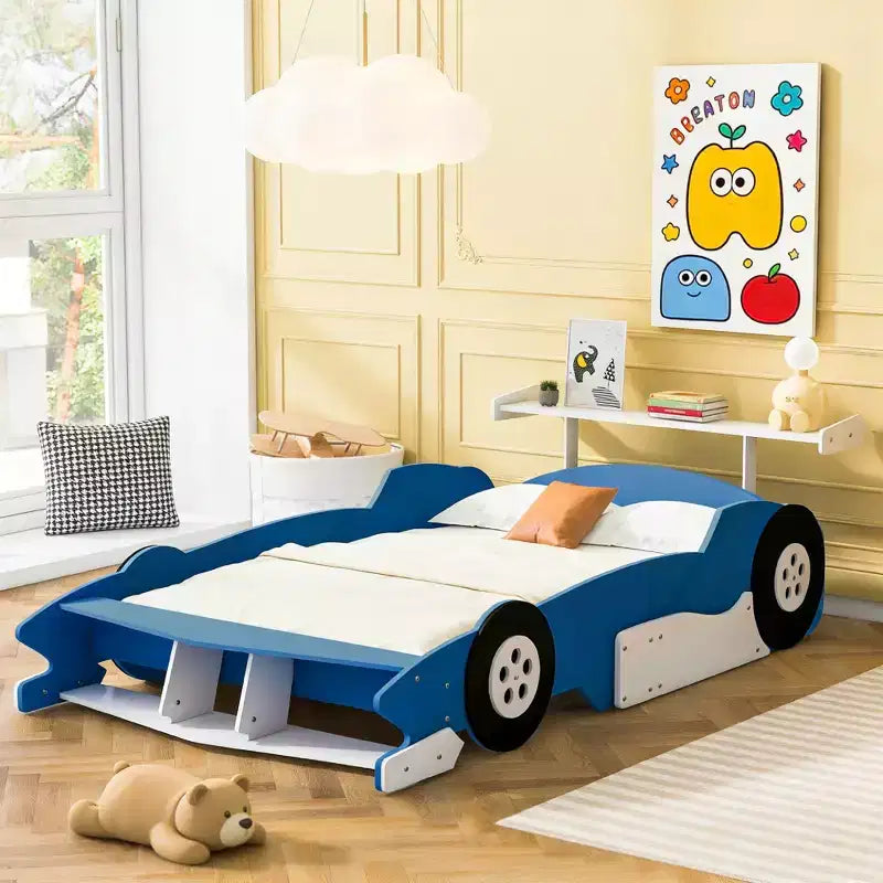 Full Size Race Car Shaped Platform Bed with Wheels for Kids' Room