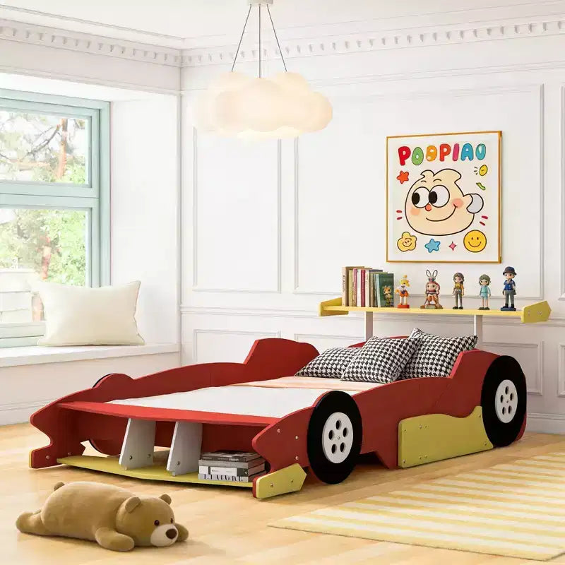 Full Size Race Car Shaped Platform Bed with Wheels for Kids' Room