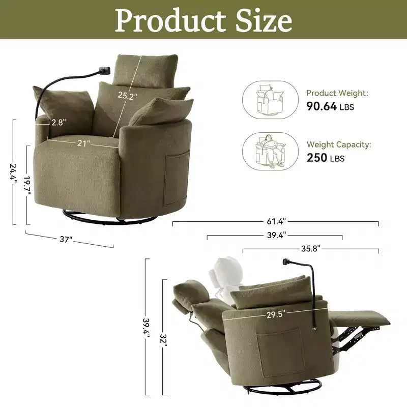 Chenille Recliner Chair, 360 Swivel Armchair with Adjustable Backrest &amp; Footrest, Rocking Chair with Phone Holder, Side Pockets