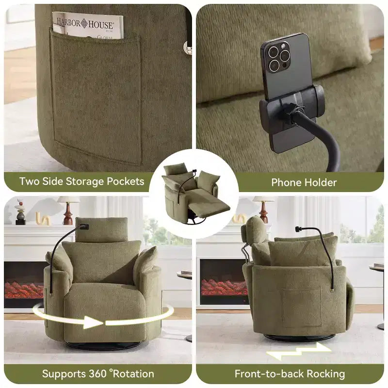 Chenille Recliner Chair, 360 Swivel Armchair with Adjustable Backrest &amp; Footrest, Rocking Chair with Phone Holder, Side Pockets