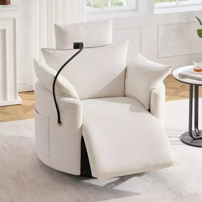 Chenille Recliner Chair, 360 Swivel Armchair with Adjustable Backrest &amp; Footrest, Rocking Chair with Phone Holder, Side Pockets