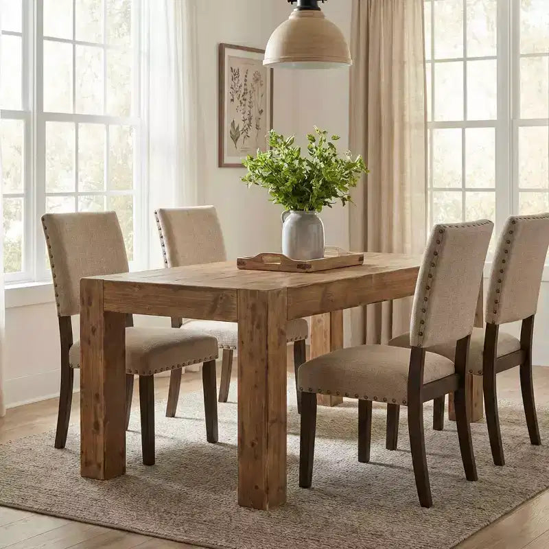 63 Solid Wood Farmhouse Dining Table, Rustic Brown 4-6 Seater Thick Top Multiuse Kitchen &amp; Office Table