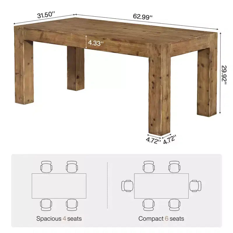 63 Solid Wood Farmhouse Dining Table, Rustic Brown 4-6 Seater Thick Top Multiuse Kitchen &amp; Office Table