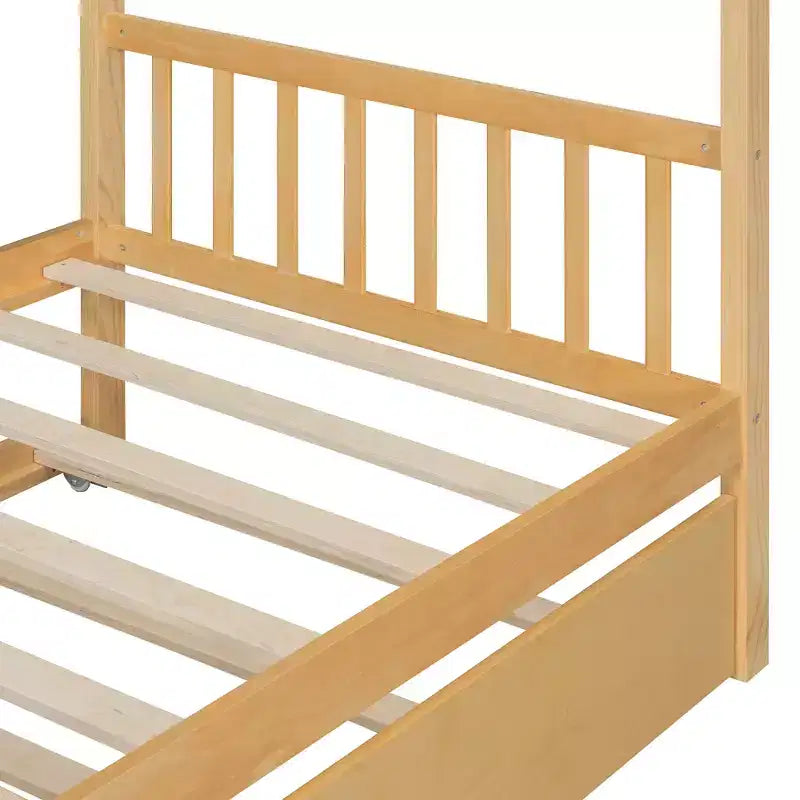 Łóżko w kształcie domku z wysuwanym łóżkiem pojedynczym, drewniana rama łóżka-platformy z domkiem do zabawy w stylu Montessori dla dzieci, rozmiar pełny/pojedynczy, naturalny i biały