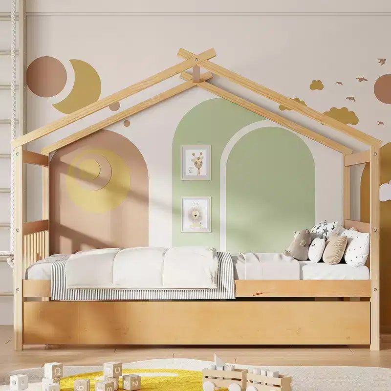 House Bed with Twin Trundle, Wooden Montessori Playhouse Platform Bed Frame for Kids, Full/Twin Size, Natural &amp; White