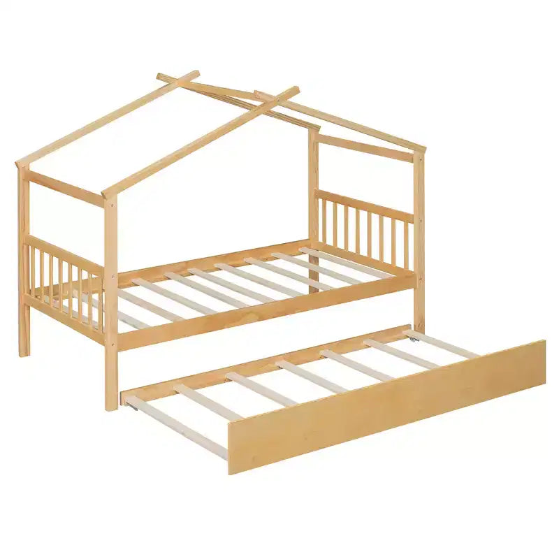 House Bed with Twin Trundle, Wooden Montessori Playhouse Platform Bed Frame for Kids, Full/Twin Size, Natural &amp; White