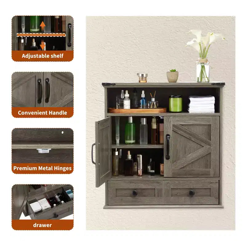 Pensile da bagno in stile rustico con ante scorrevoli tipo granaio e cassetti, organizer porta medicinali in legno a 5 ripiani, ripiano regolabile con doppie ante per la cucina