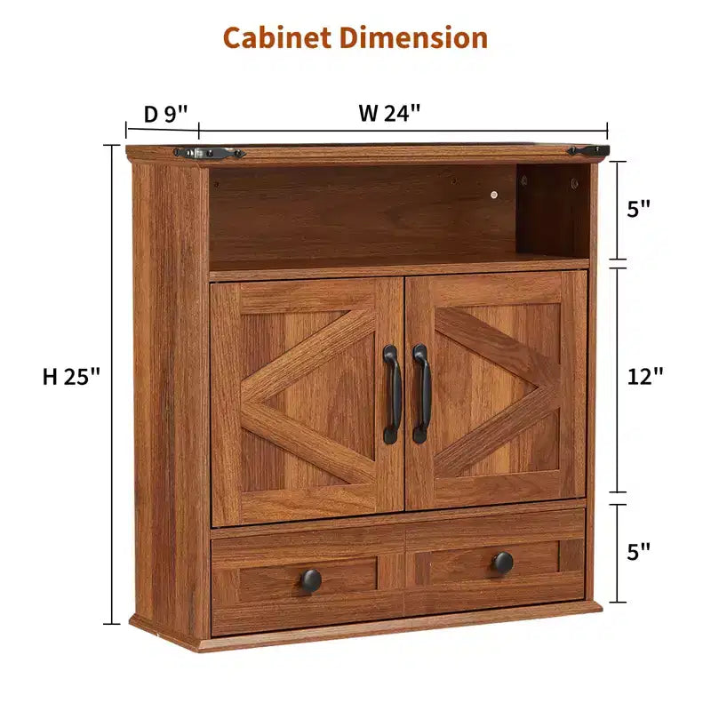 Farmhouse Bathroom Wall Cabinet with Barn Doors &amp; Drawers, 5-Tier Wood Medicine Storage Organizer, Double Door Adjustable Shelf for Kitchen