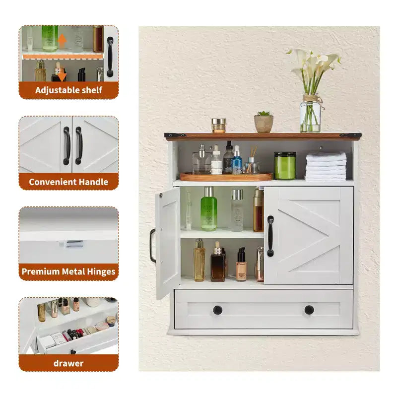 Pensile da bagno in stile rustico con ante scorrevoli tipo granaio e cassetti, organizer porta medicinali in legno a 5 ripiani, ripiano regolabile con doppie ante per la cucina