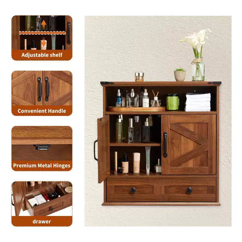 Pensile da bagno in stile rustico con ante scorrevoli tipo granaio e cassetti, organizer porta medicinali in legno a 5 ripiani, ripiano regolabile con doppie ante per la cucina