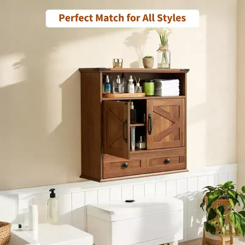 Farmhouse Bathroom Wall Cabinet with Barn Doors &amp; Drawers, 5-Tier Wood Medicine Storage Organizer, Double Door Adjustable Shelf for Kitchen