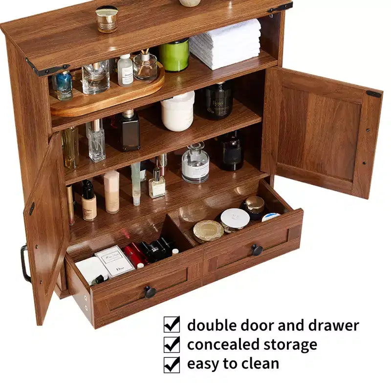 Pensile da bagno in stile rustico con ante scorrevoli tipo granaio e cassetti, organizer porta medicinali in legno a 5 ripiani, ripiano regolabile con doppie ante per la cucina