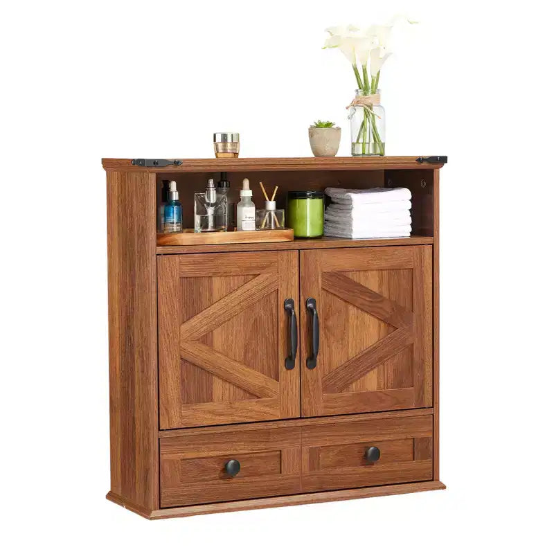 Pensile da bagno in stile rustico con ante scorrevoli tipo granaio e cassetti, organizer porta medicinali in legno a 5 ripiani, ripiano regolabile con doppie ante per la cucina