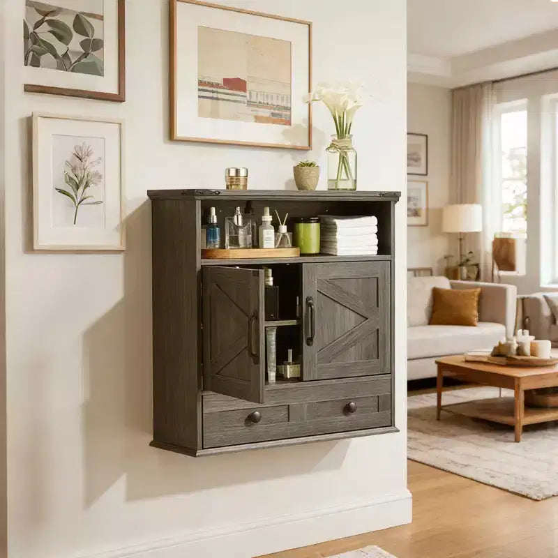 Farmhouse Bathroom Wall Cabinet with Barn Doors &amp; Drawers, 5-Tier Wood Medicine Storage Organizer, Double Door Adjustable Shelf for Kitchen