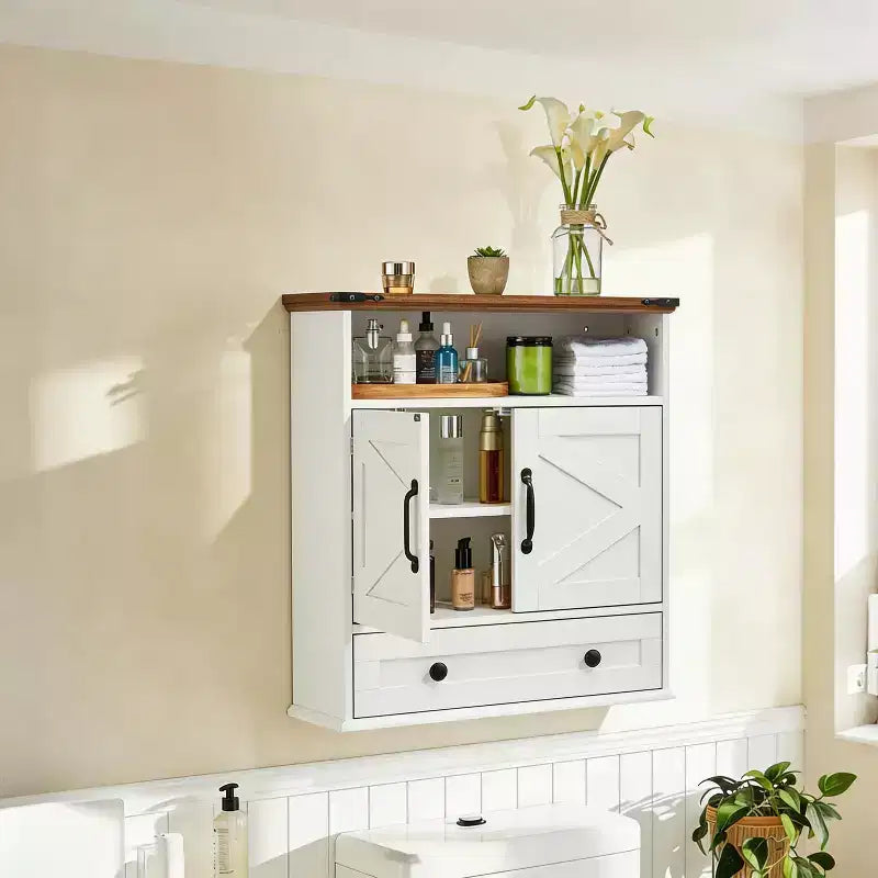 Farmhouse Bathroom Wall Cabinet with Barn Doors &amp; Drawers, 5-Tier Wood Medicine Storage Organizer, Double Door Adjustable Shelf for Kitchen