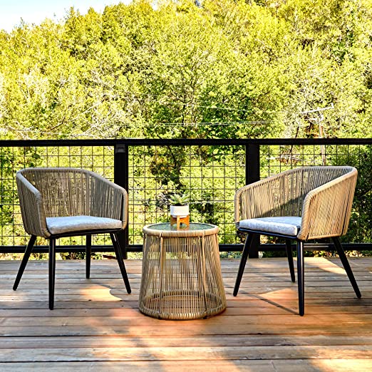 Patio Furniture Set, 3-Piece Outside Bistro Set Handwoven Rattan Wicker Chairs with Waterproof Cushions, Tempered Glass Table, Outdoor Conversation...