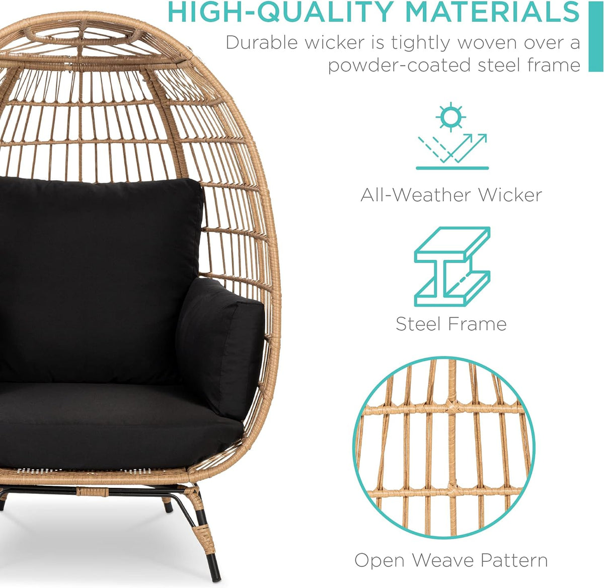 Best Choice Products Wicker Egg Chair, Oversized Indoor Outdoor Lounger for Patio, Backyard, Living Room w/ 4 Cushions, Steel Frame, 440lb Capacity...