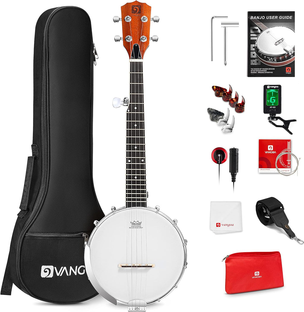 String Banjo 26 Inch, MINI Travel Banjo, Banjo Beginner Kit with Remo Head, Open Back & Closed Solid Back with beginner Kit, Comfortable Carrying Bag