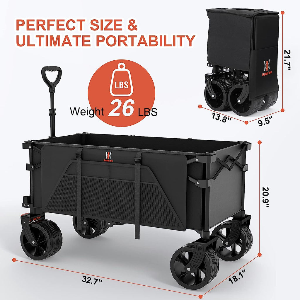 Navatiee Collapsible Folding Wagon, Beach Wagon Cart Heavy Duty Foldable with Big Wheels, Utility Grocery Wagon with Side Pocket and Brakes for Cam...