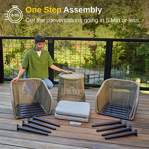 Patio Furniture Set, 3-Piece Outside Bistro Set Handwoven Rattan Wicker Chairs with Waterproof Cushions, Tempered Glass Table, Outdoor Conversation...